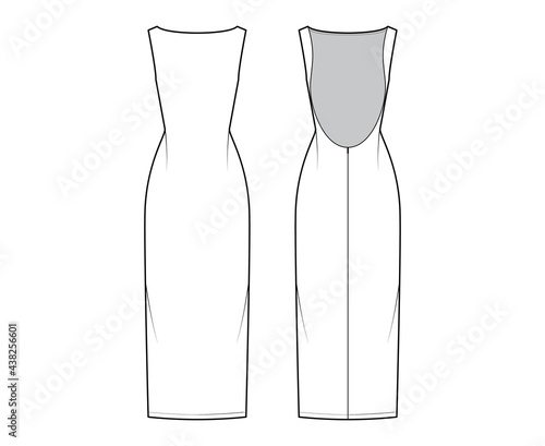 Dress backless technical fashion illustration with fitted body, floor maxi length pencil skirt, boat neckline. Flat evening apparel front, back, white color style. Women, men unisex CAD mockup