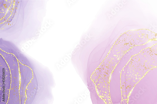 Abstract purple liquid watercolor background with golden stain and lines. Violet geode hand drawn flow alcohol ink effect. Vector illustration design template for wedding invitation