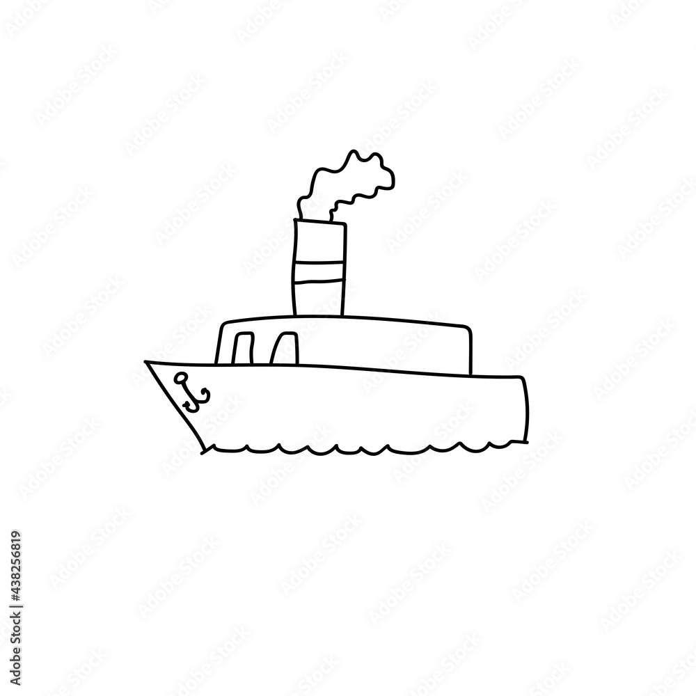 Hand drawn sailing ship on the waves. Doodle boat. Children drawing. Isolated vector illustration in doodle style on white background. Hand drawn sailing ship on the waves. Doodle boat. Children drawing. Isolated vector illustration in doodle style on white background.