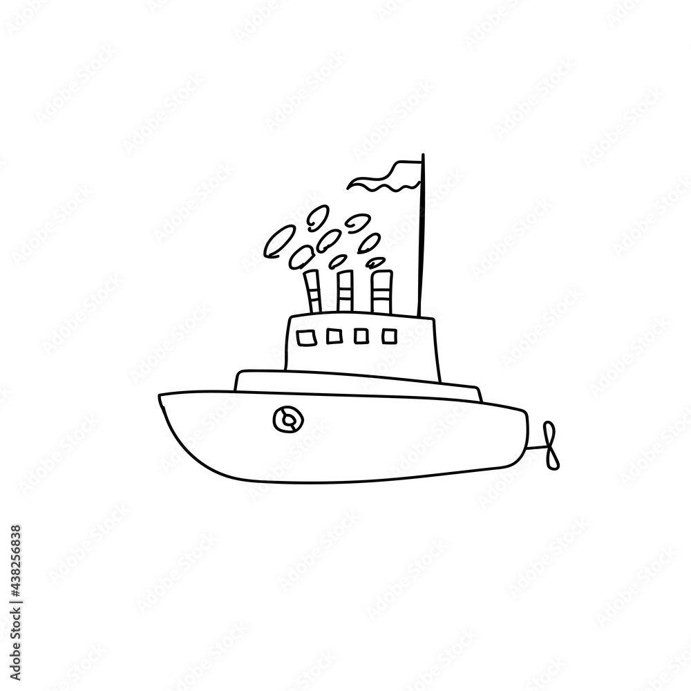 Fototapeta premium Hand drawn sailing ship on the waves. Doodle boat. Children drawing. Isolated vector illustration in doodle style on white background.