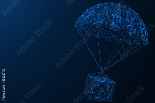 A parachute with a box. Polygonal construction of concatenated lines and points. Blue background.