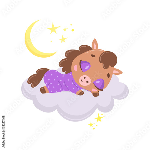 Vector illustration of a cute cartoon horse sleeping on a cloud. Baby animals are sleeping.