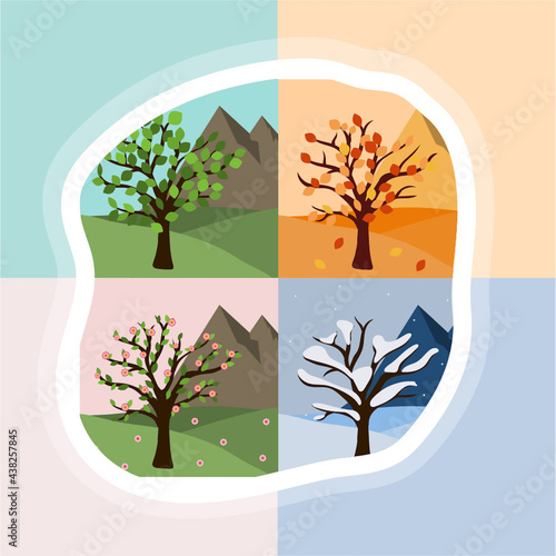 Four season change vector illustration. Year concept in blob. Brown tree in spring, winter, fall and summer.