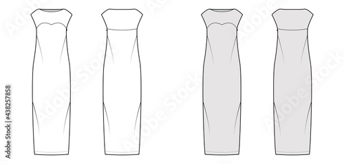 Dress column technical fashion illustration with long sleeves, fitted body, floor maxi length pencil skirt. Flat evening apparel front, back, white, grey color style. Women, men unisex CAD mockup