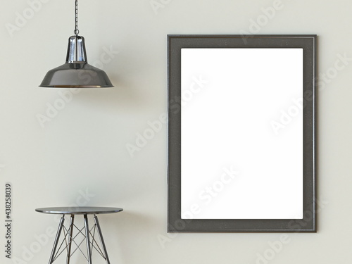 Black picture frame with lamp and empty side table mock up poster 3D