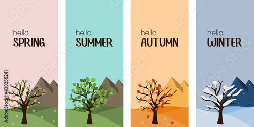 Vertical four season banner hello spring, summer, autumn and winter tree. Outdoor illustration concept. Mountains on background for website.