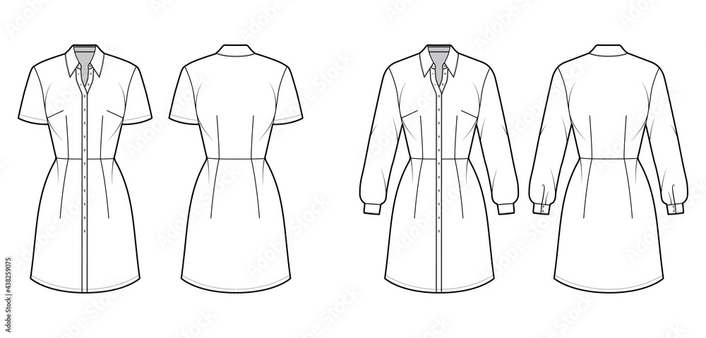 Set of Dresses shirt technical fashion illustration with long short sleeves, fitted body, knee length pencil skirt, classic collar. Flat apparel front, back, white color. Women, men unisex CAD mockup Set of Dresses shirt technical fashion illustration with long short sleeves, fitted body, knee length pencil skirt, classic collar. Flat apparel front, back, white color. Women, men unisex CAD mockup