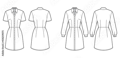 Set of Dresses shirt technical fashion illustration with long short sleeves, fitted body, knee length pencil skirt, classic collar. Flat apparel front, back, white color. Women, men unisex CAD mockup