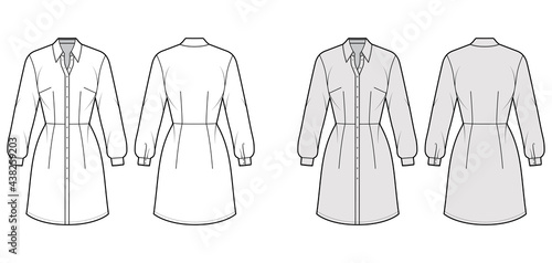 Dress shirt technical fashion illustration with long sleeves, fitted body, knee length pencil skirt, button closure. Flat apparel front, back, white, grey color style. Women, men unisex CAD mockup