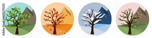 Circle icons with tree for four season concept vector. Graphic design illustration of change time through the year. Wild nature environment for camping, skiing. 
