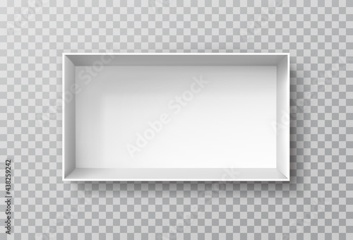Box mock up top view with shadow isolated on transparent background. White 3d wall shelf template. Vector empty gift package, present or open container