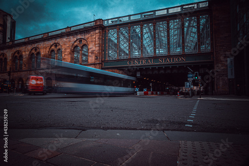 Glasgow Scotland June 2021 Glasgow central station with bus trails on overcast day in summer