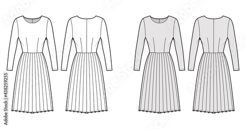 Dress pleated technical fashion illustration with long sleeves, fitted body, knee length skirt. Flat apparel front, back, white, grey color style. Women, men unisex CAD mockup