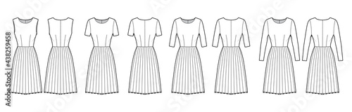 Set of Dresses pleated technical fashion illustration with long elbow short sleeves sleeveless, fitted body, knee length skirt. Flat apparel front, back, white color style. Women men unisex CAD mockup
