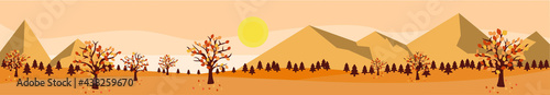 Fall orange landscape with mountains and trees. Wild nature for camping or holiday outdoor. Vector illustration banner