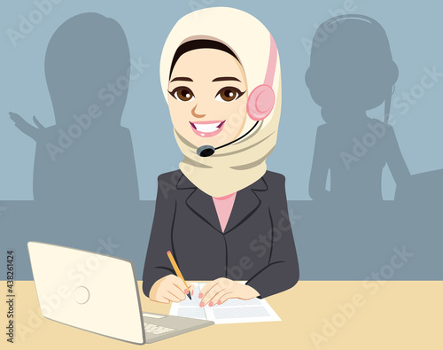 Beautiful Asian muslim call center woman working on call center phone service