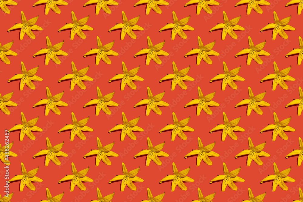 Spring flowers seamless floral pattern. Yellow lilies on a red background Spring flowers seamless floral pattern. Yellow lilies on a red background