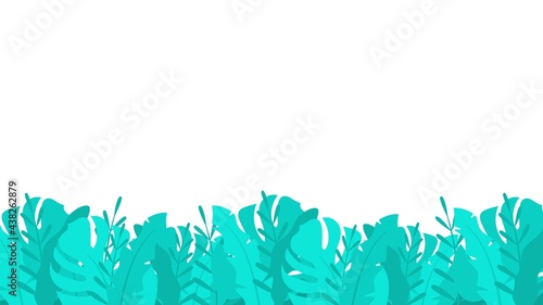 Tropical thickets plants background. Turquoise lush leaves with impenetrable bright vegetation. Natural horizontal landscape banner with wild vector bush