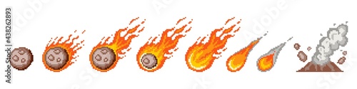 Stages of burning and falling pixel meteorite set. Burning asteroid is gradually turning into flaming comet. Fiery drop with steaming vector funnel
