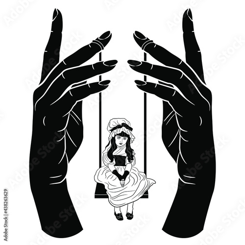 Two beautiful female hands holding swing with pretty little girl in vintage dress. Creative concept for parental love. Mother and daughter. Inner child. Black and white silhouette.