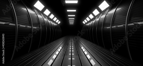 A dark tunnel lit by white neon lights. Reflections on the floor and walls. 3d rendering image.