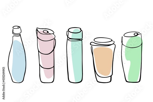 Set of reusable cups, thermo mugs and bottles with cover for take away coffee or tea and other drinks. Vector illustration in outline one line drawing style, isolated.