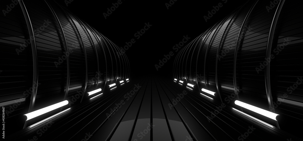 Naklejka premium A dark tunnel lit by white neon lights. Reflections on the floor and walls. 3d rendering image.