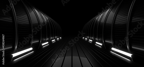 Fototapeta Naklejka Na Ścianę i Meble -  A dark tunnel lit by white neon lights. Reflections on the floor and walls. 3d rendering image.