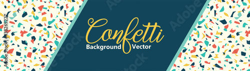 Confetti background vector pattern, colorful festive banner in terrazzo style mosaic design in blue yellow gold orange and teal, birthday party or congratulations design elements.