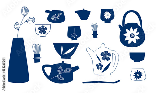 Items for Japanese tea ceremony in blue color