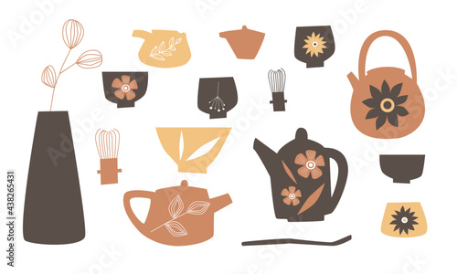 Items for Japanese tea ceremony in brown color