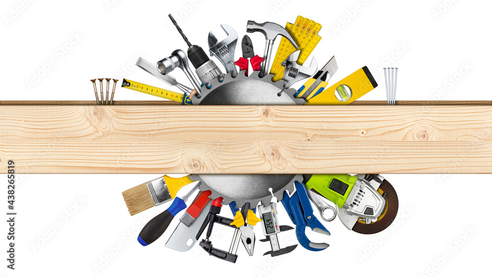 various hand working tools and buzz saw blade behind wooden plank with copy space isolated white background. DIY hardware store equipment so it youself work concept. - obrazy, fototapety, plakaty 