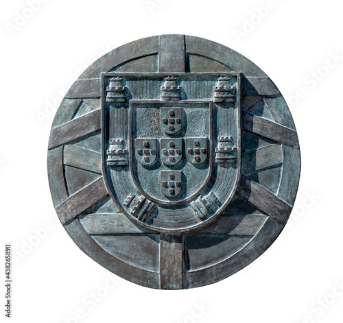 Escudo da bandeira portuguesa com a esfera armilar e quinas em metal. photo