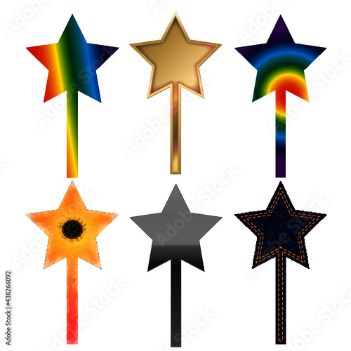 Magic wand set, star shaped magic wand with . Magical wand, stick, doodle hand drawn vector illustration, vara mágica, magia, varinha de condão, varinha mágica
