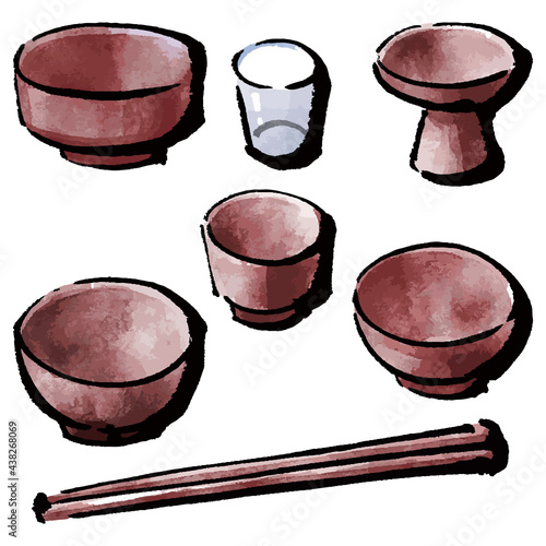 イラスト素材：お供え物　御霊供膳（おりくぜん）　器　カラーイラスト　セット