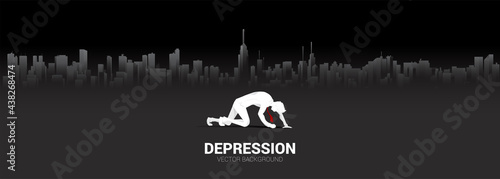 silhouette of businessman crawling in big city background. Concept of feeling depress in big city.