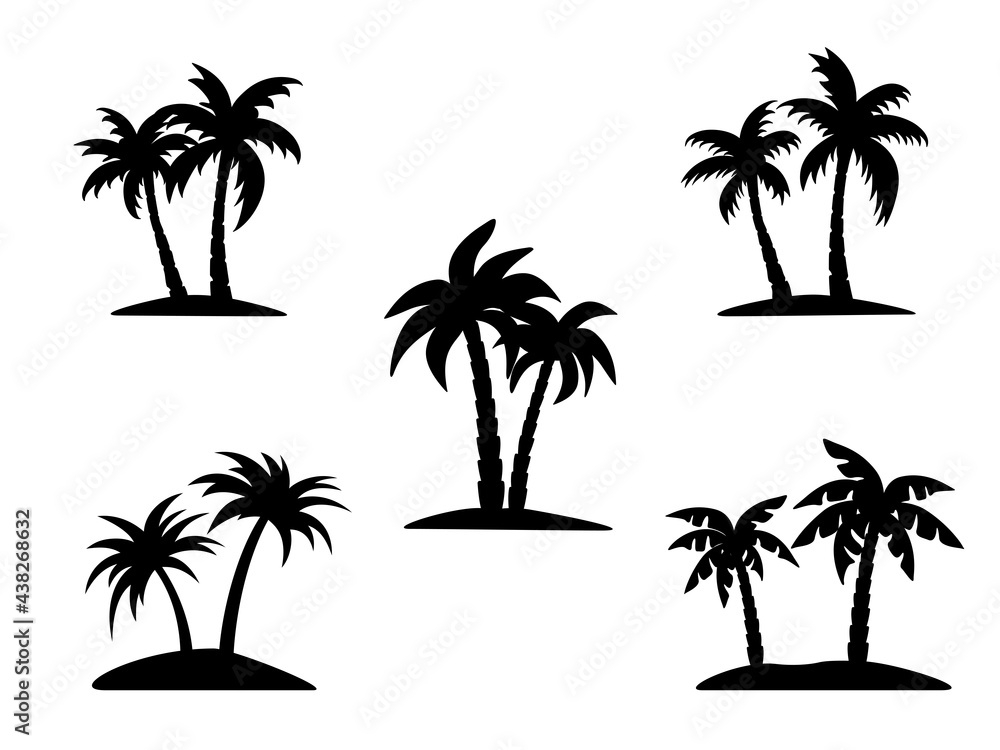 Vector set of palm trees. Simple isolated tropical tree contour.