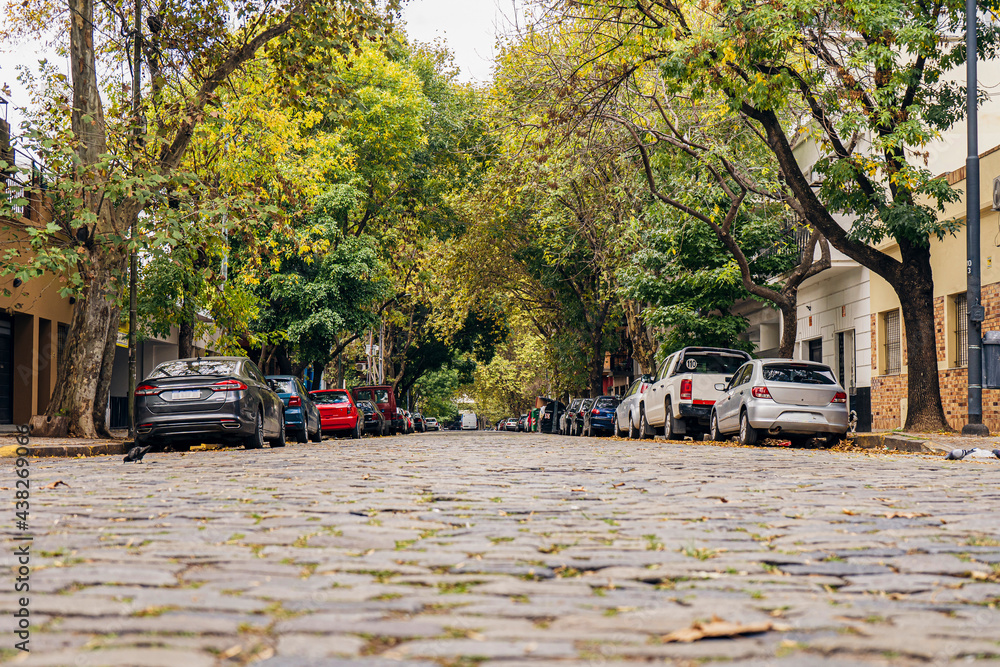 Panoramic of a cobblestone street in a traditional neighborhood in Buenos Aires, Argentina.