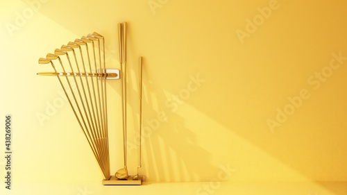 set of gold golf clubs with copy space photo