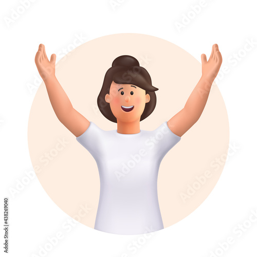 Young woman Jane celebrating goal achievement, victory. Concept of victory and success. Win, raised hands, hands up gesture. 3d vector people character illustration.