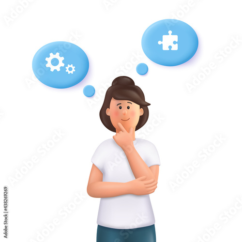 Young woman Jane thinking, searching idea, trying to find a solution. Brainstorming concept. 3d vector people character illustration.