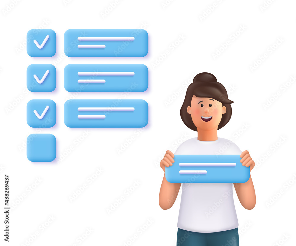 Young woman Jane holding a task sign, standing nearby a giant marked checklist. Concept of task completion, set a task, planning, time management. 3d vector people character illustration. Young woman Jane holding a task sign, standing nearby a giant marked checklist. Concept of task completion, set a task, planning, time management. 3d vector people character illustration.