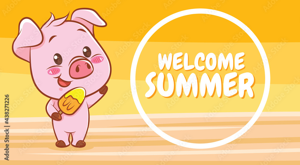 Fototapeta premium cute pig holding ice cream with a summer greeting banner.