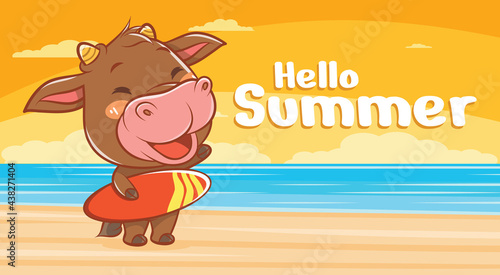 cute cow holding surfing board with a summer greeting banner.