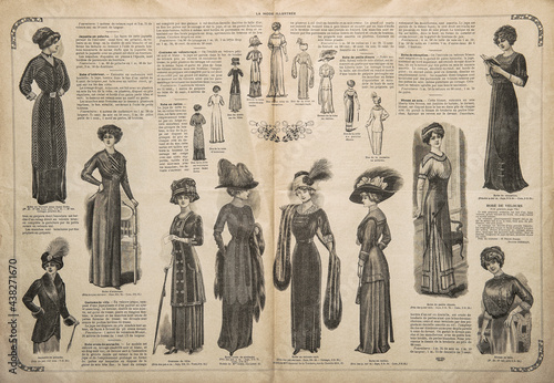 Old newspaper page vintage fashion engraving. Used paper background