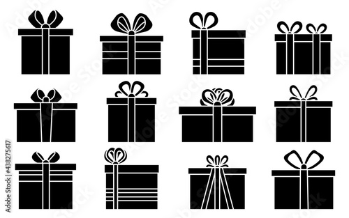 Gift present glyph vector flat line outline black set with various ribbons isolated on white background for mobile app and web sites. Symmetrical boxes. Christmas, Happy Birthday present icon. 