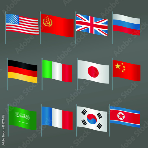 collection set of the 12 largest flagpoles of countries icon that have greatly influenced the world flat vector