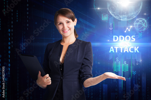 Business, Technology, Internet and network concept. Young businessman working on a virtual screen of the future and sees the inscription: Ddos attack