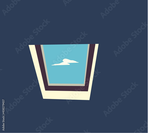 Blue cloudy sky through modern square ceiling window. Modern retro design in a attic. Roof or ceiling window.