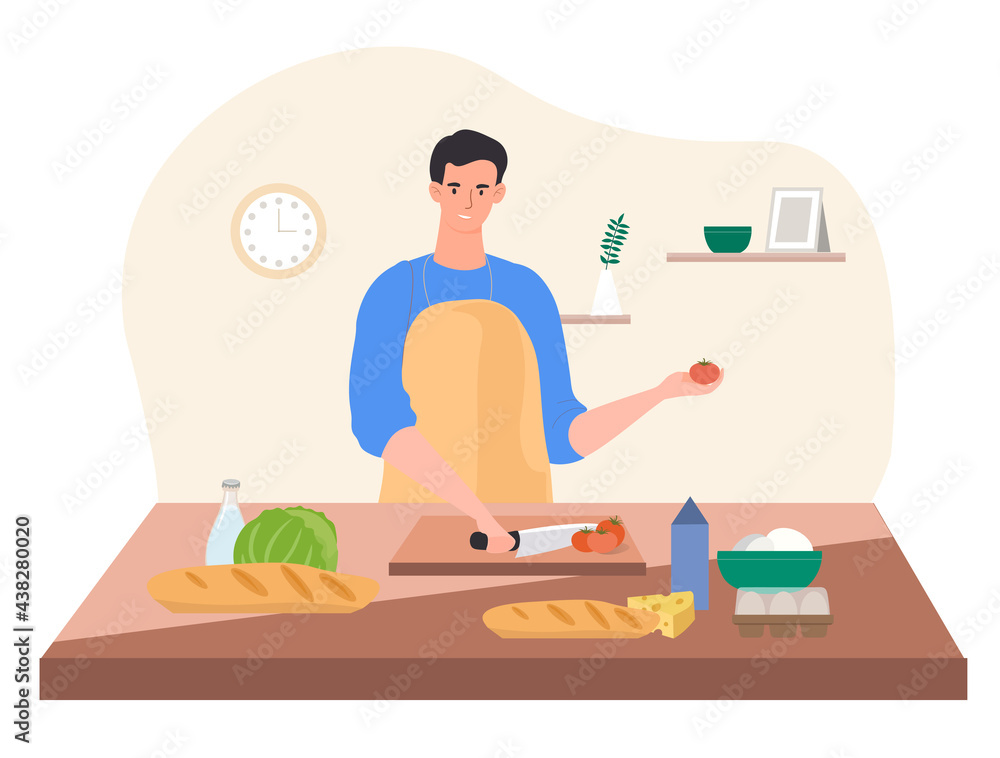 Fototapeta premium Happy male character is cooking a dish in the kitchen wearing apron